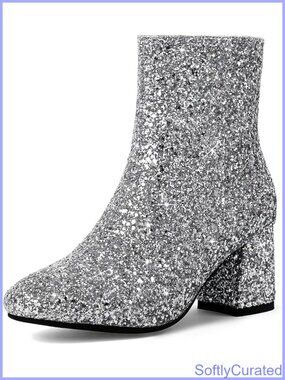 Sequin Glitter Ankle Boots Chunky Block Heels Sparkly Booties